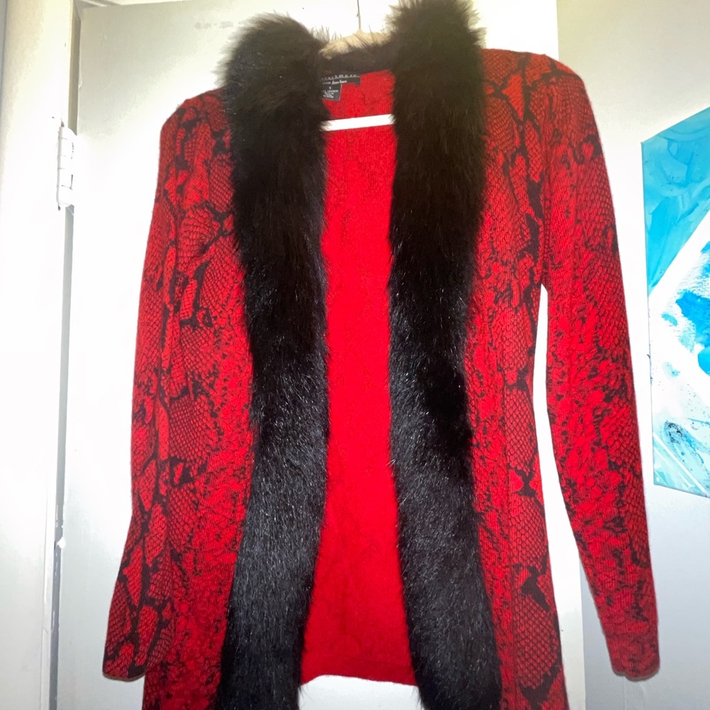 Red and Black snake skin women's small genuine cashmere and fur lined cardigan